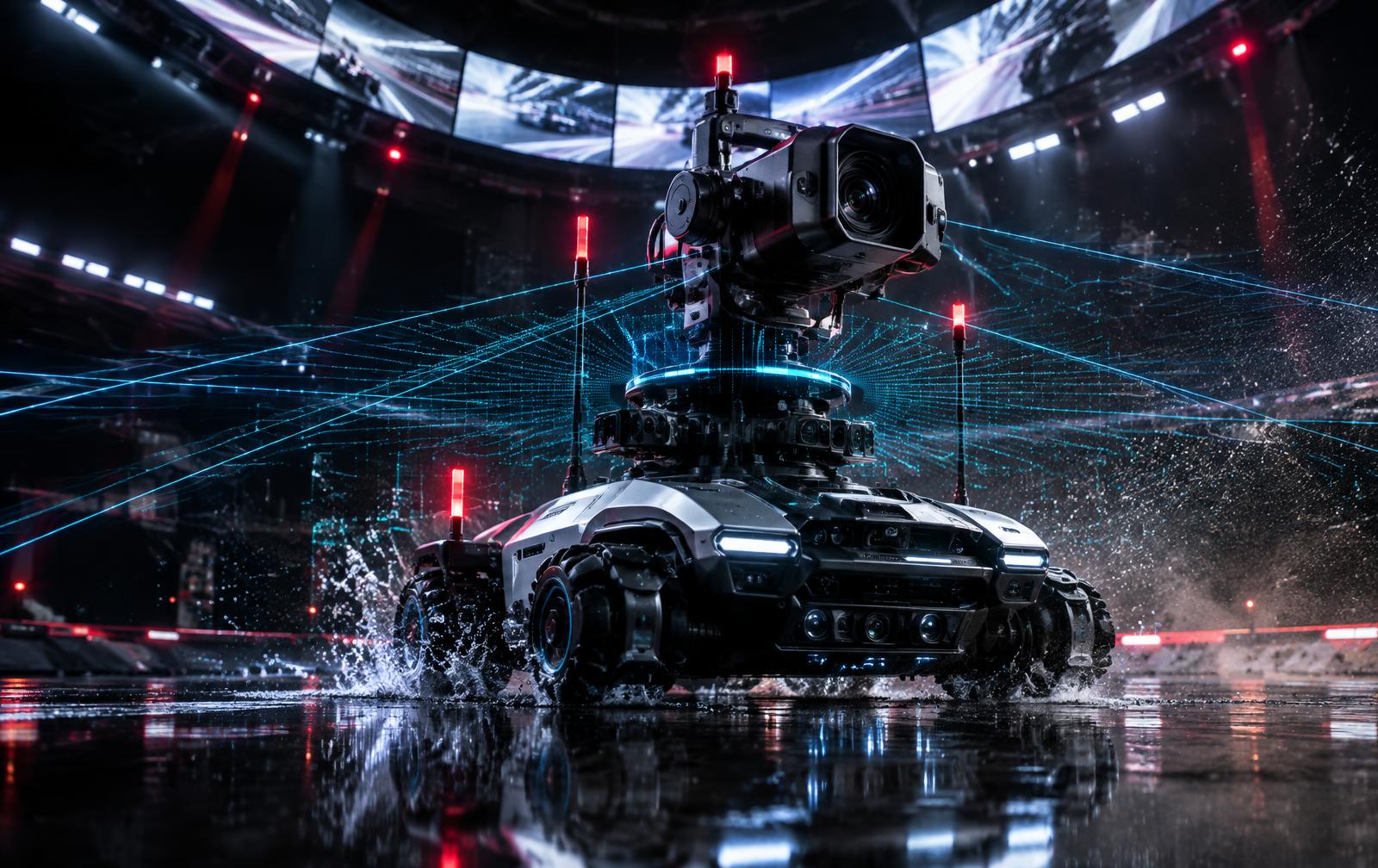 Competition robot surrounded by broadcast cameras